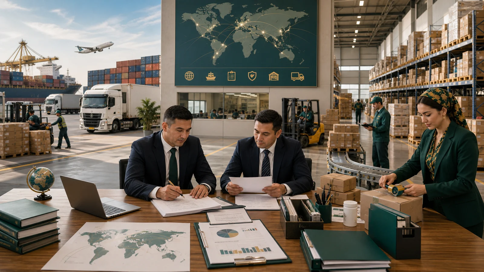 Logistics hub with freight, warehousing, customs documentation, inventory planning, and delivery coordination.